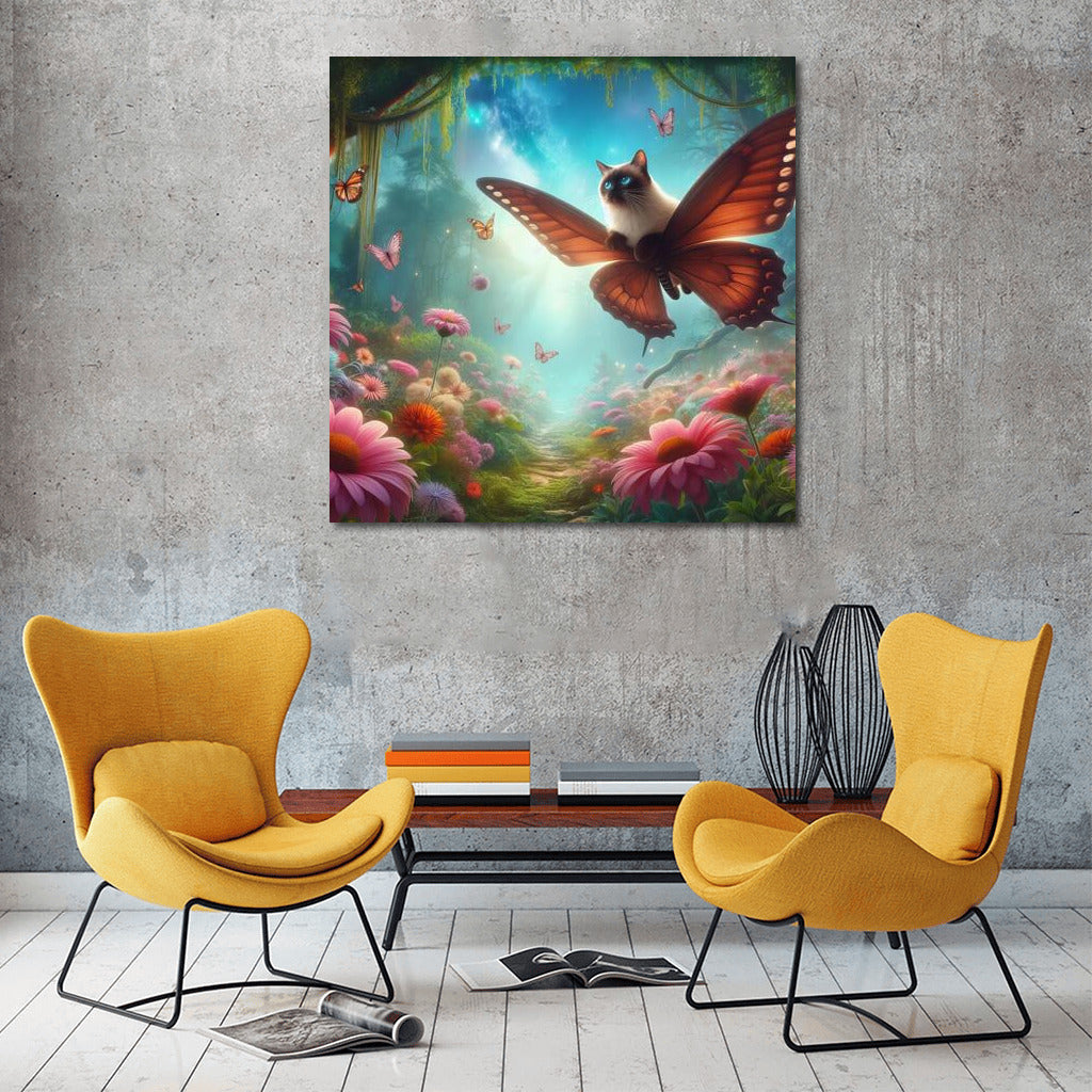 Siamese cat on butterfly wings in a magical forest