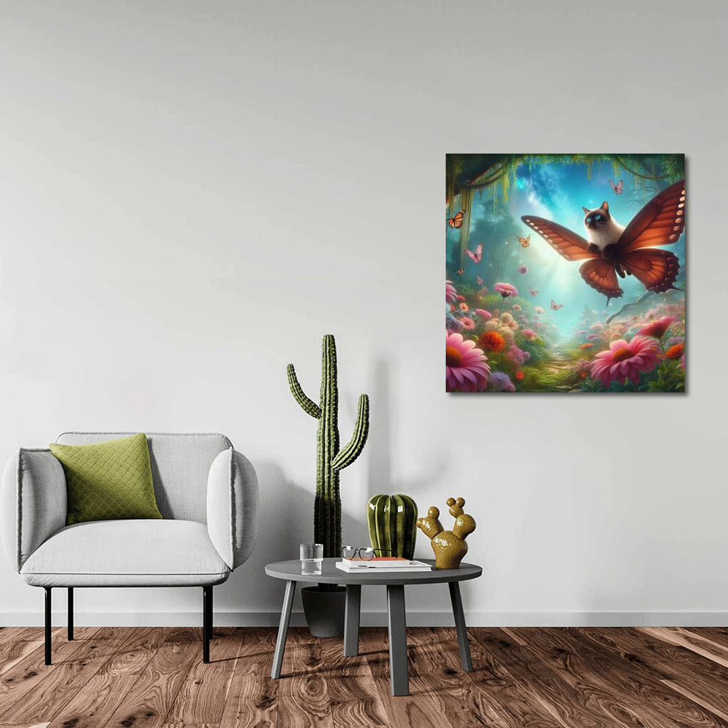 Siamese cat on butterfly wings in a magical forest