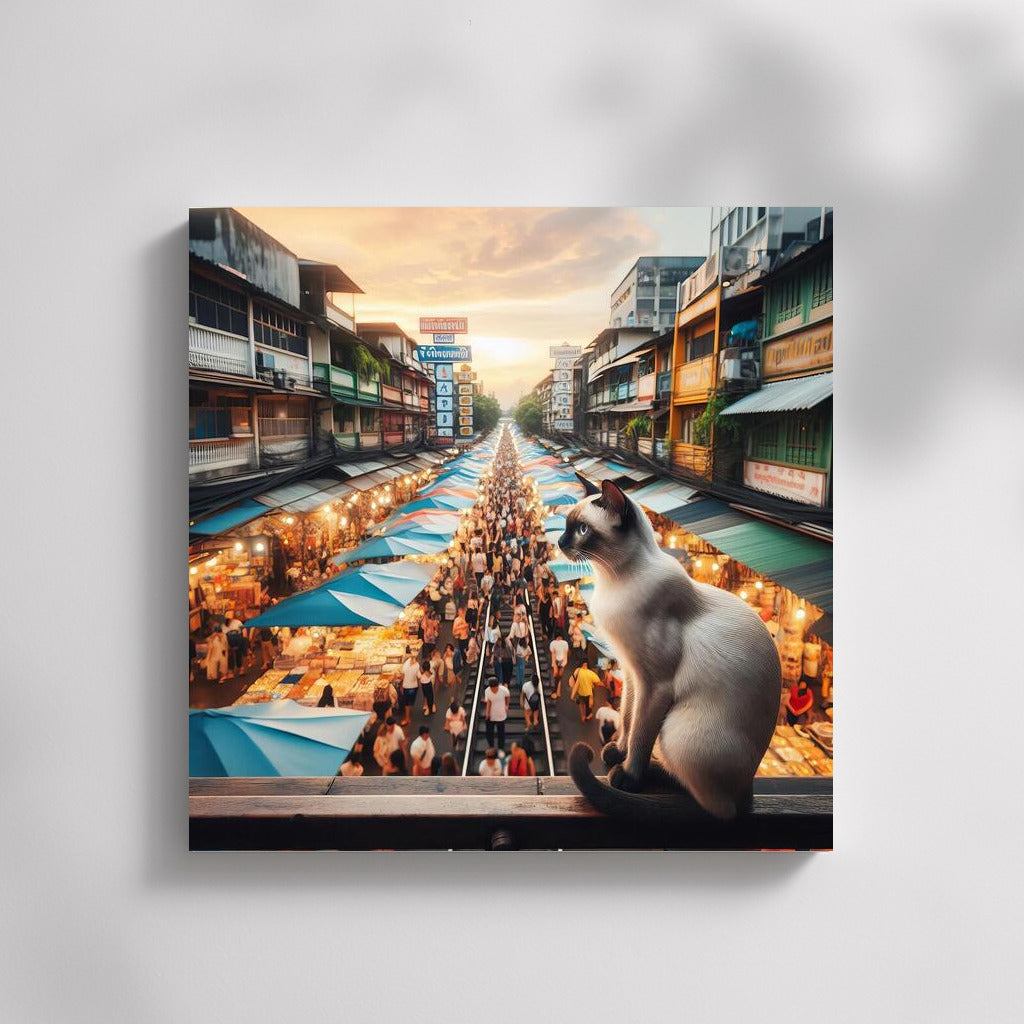 Siamese Cat at Bangkok's Vibrant Market: Vibrant Colours and Movement