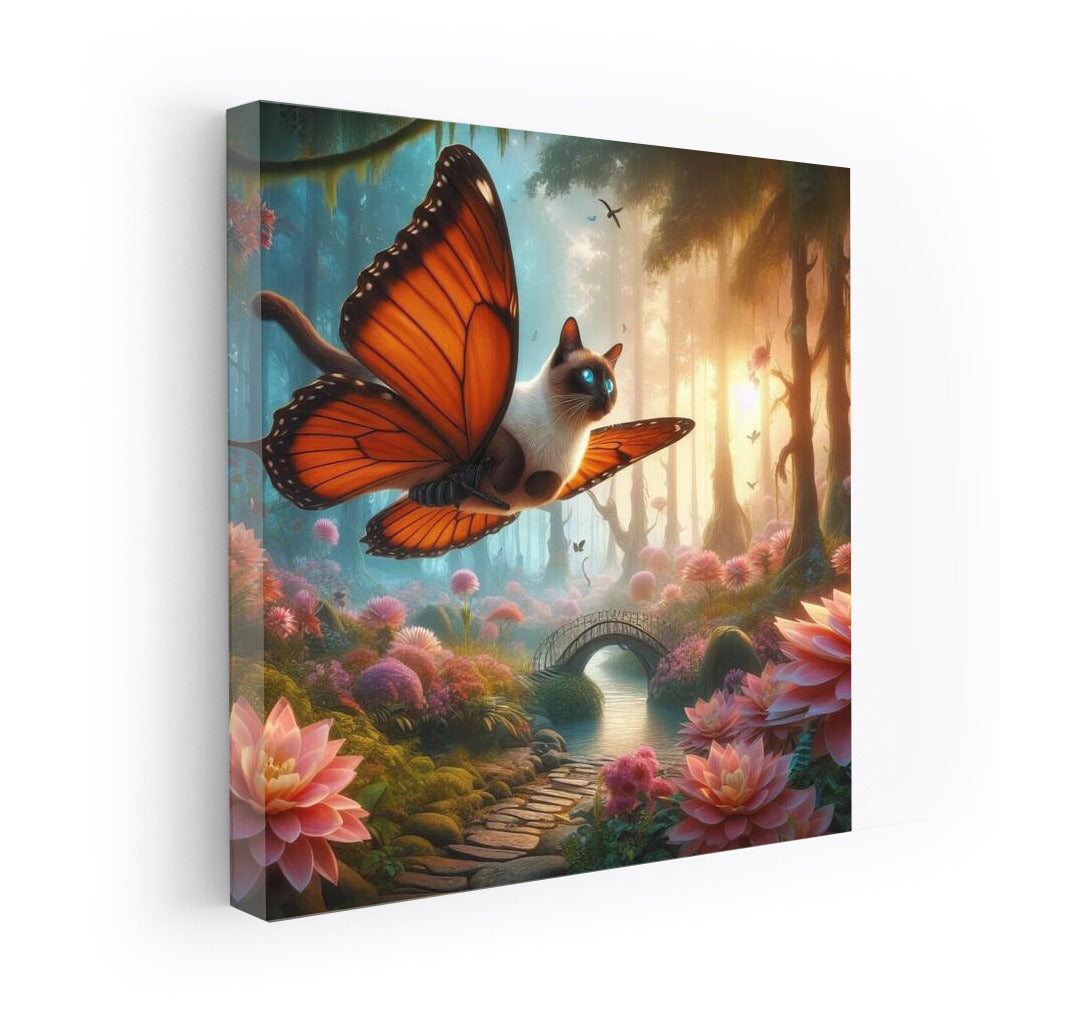 Siamese cat on butterfly wings in a magical forest