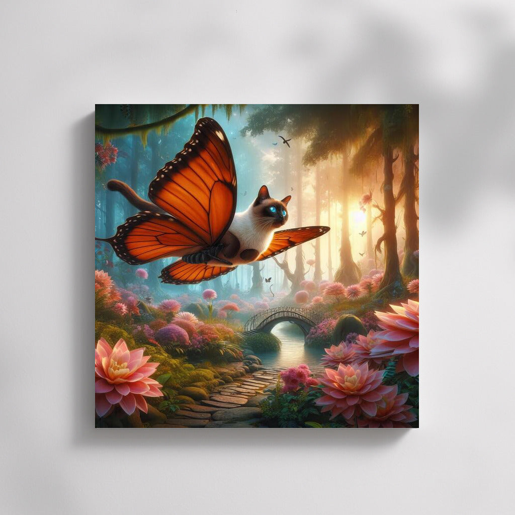 Siamese cat on butterfly wings in a magical forest