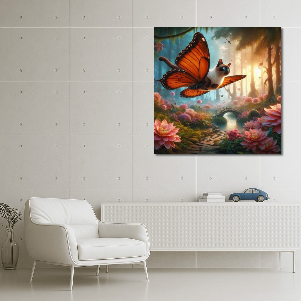 Siamese cat on butterfly wings in a magical forest