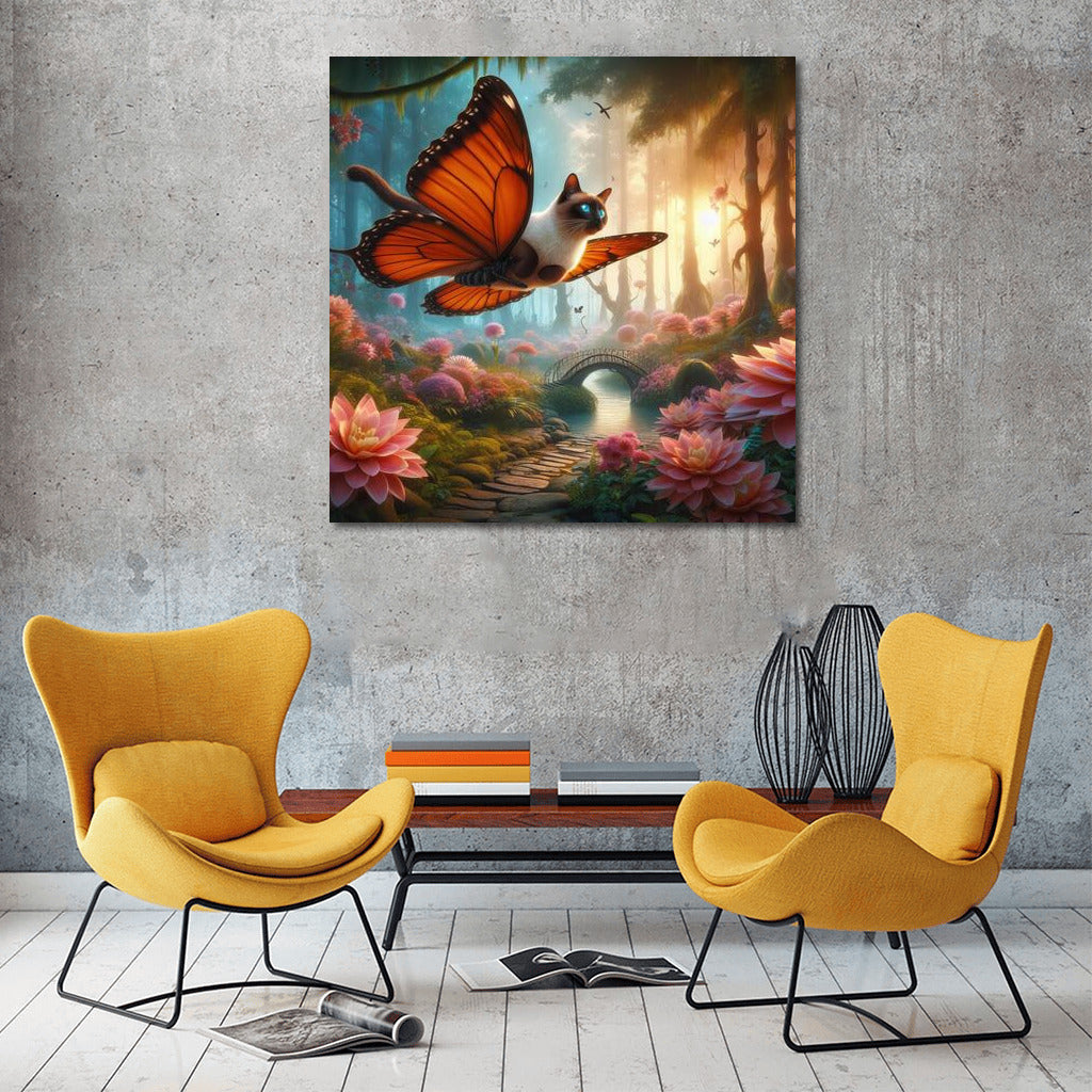 Siamese cat on butterfly wings in a magical forest