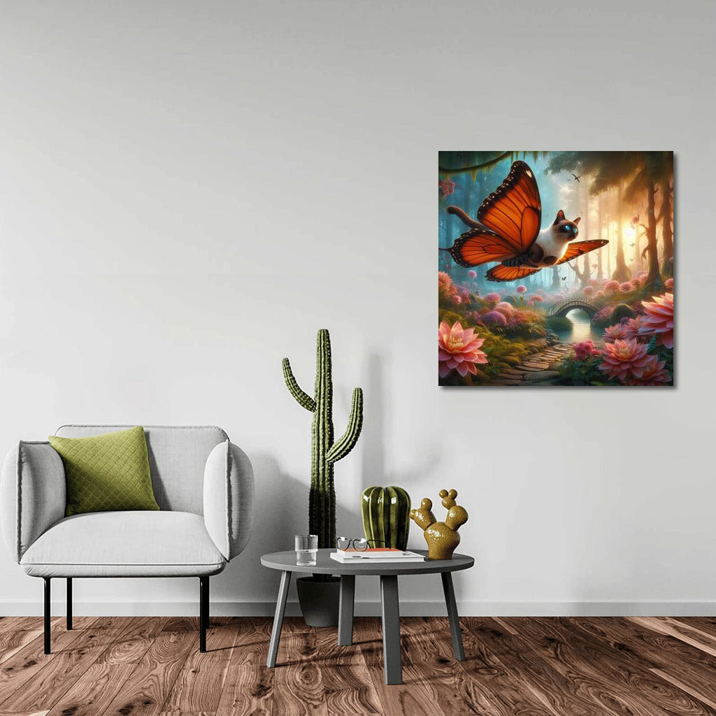 Siamese cat on butterfly wings in a magical forest