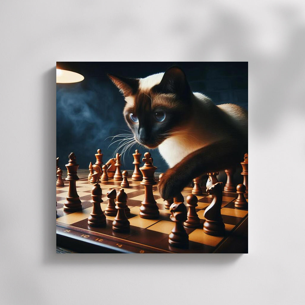 Chess battle with a Siamese cat and living figures