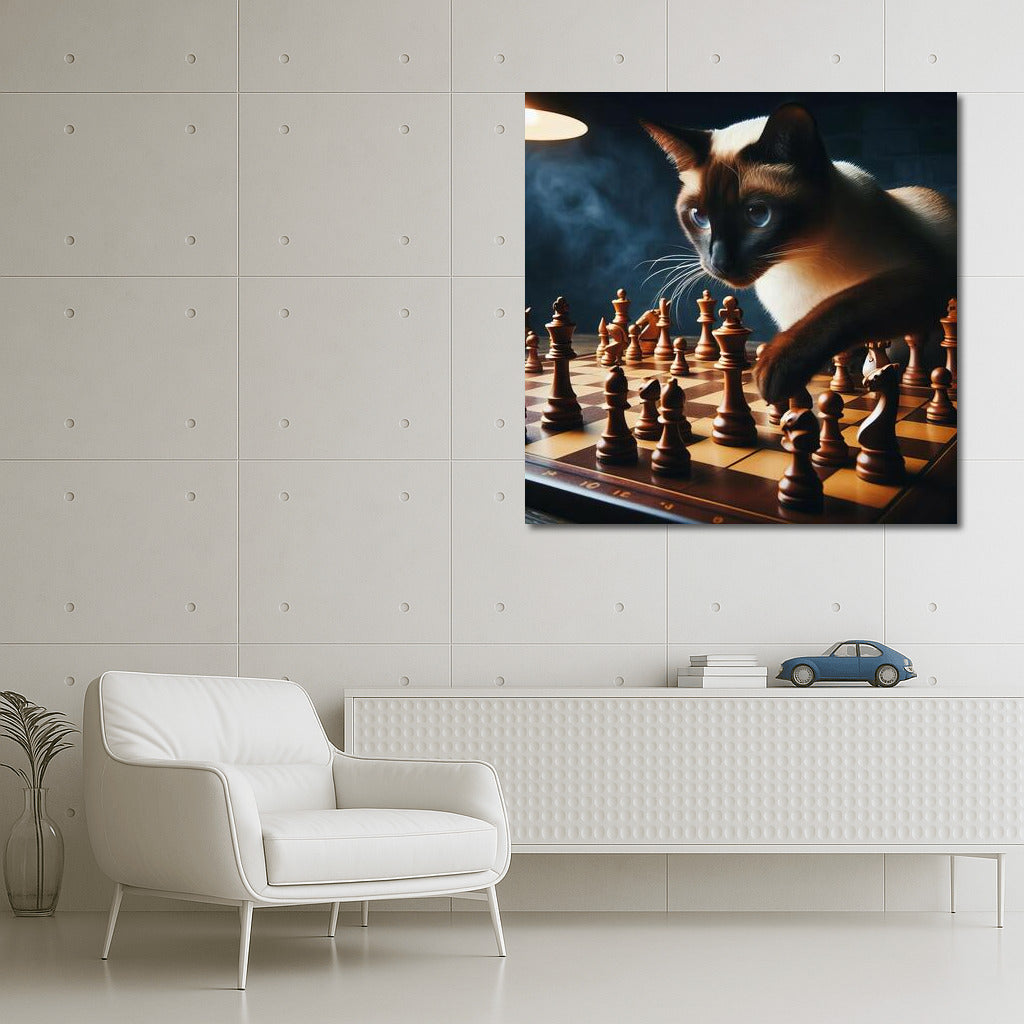 Chess battle with a Siamese cat and living figures