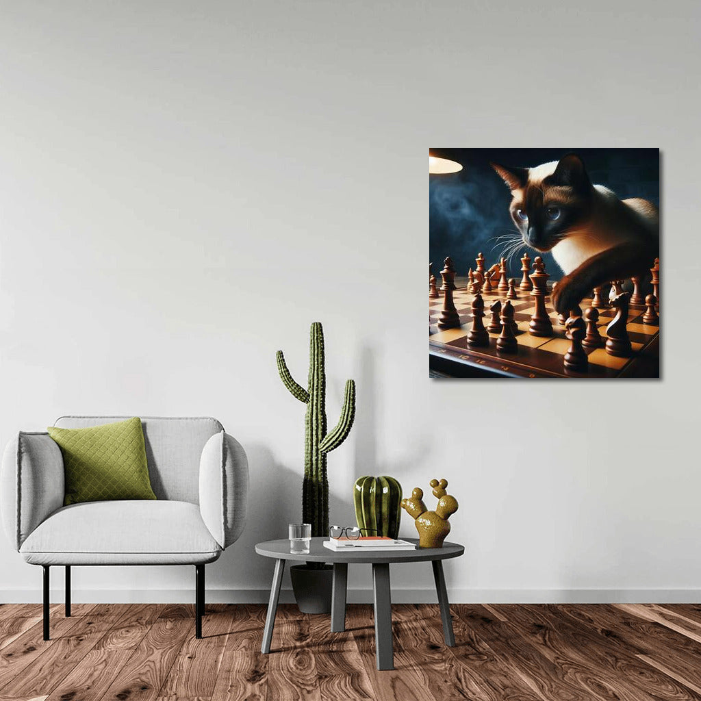 Chess battle with a Siamese cat and living figures