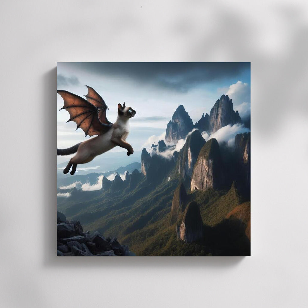 Transformation Magic: Siamese Cat-Dragon Over Mountain Peaks