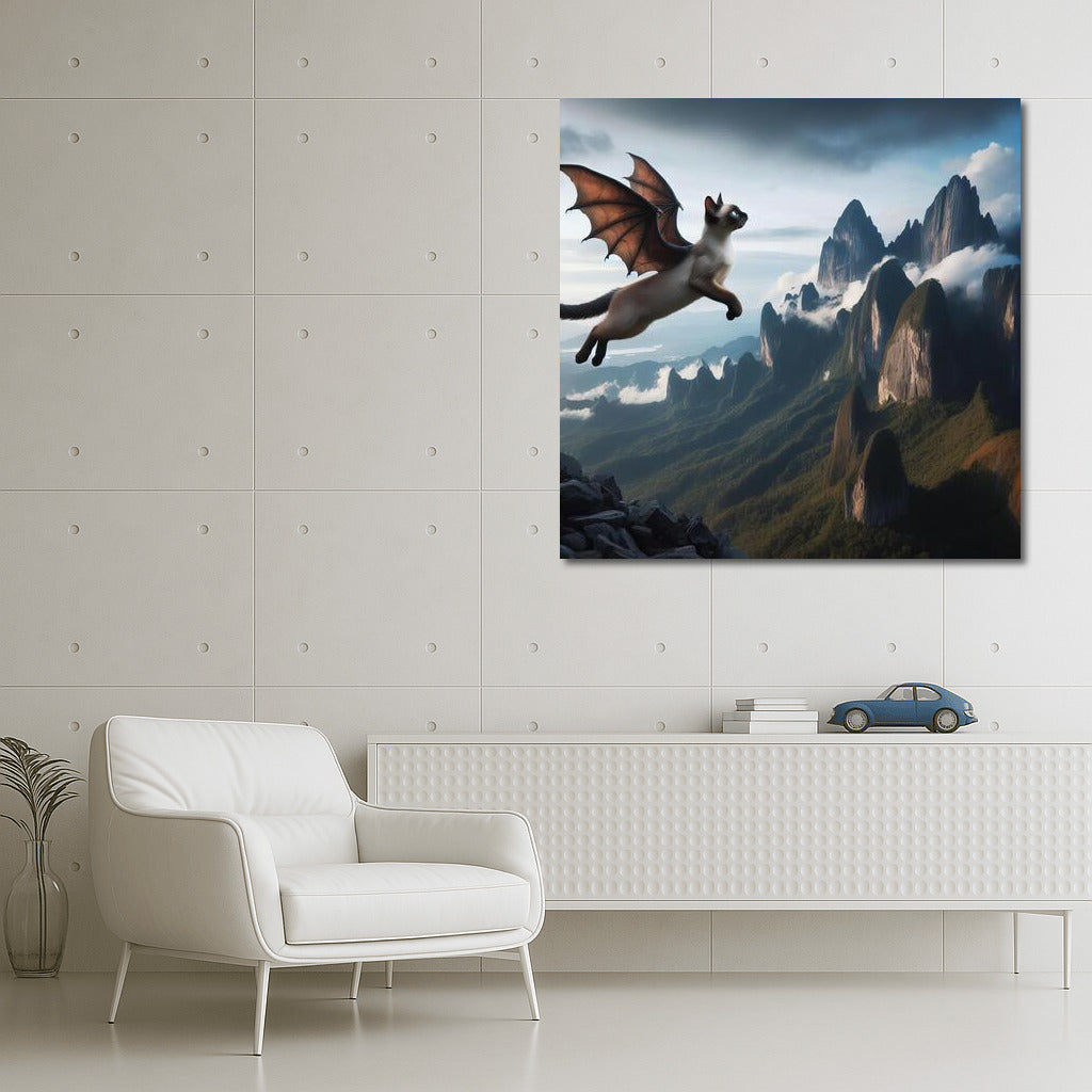 Transformation Magic: Siamese Cat-Dragon Over Mountain Peaks