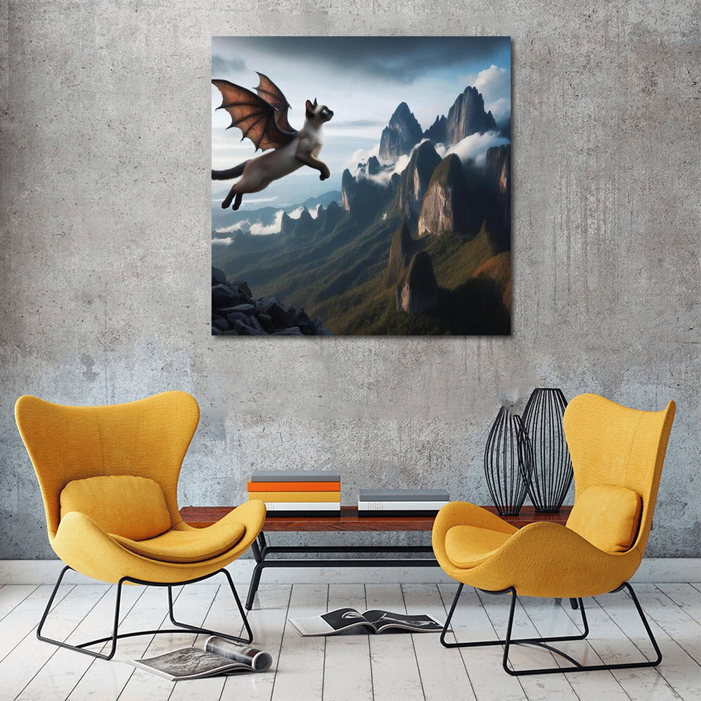 Transformation Magic: Siamese Cat-Dragon Over Mountain Peaks