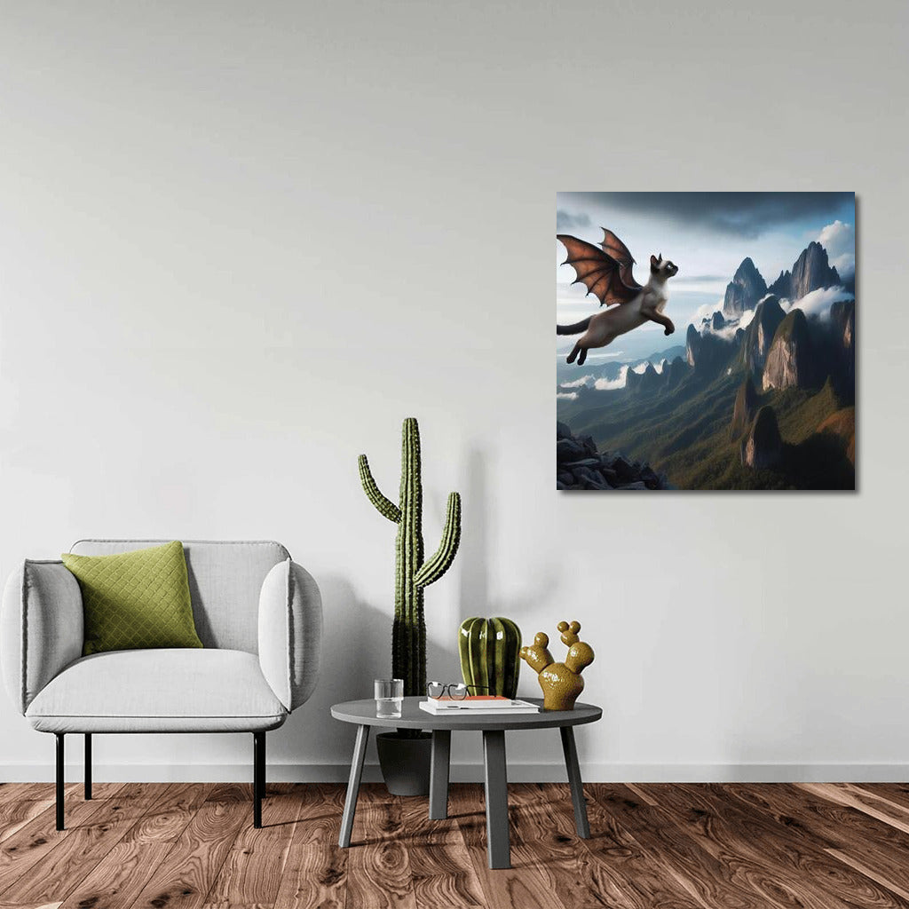 Transformation Magic: Siamese Cat-Dragon Over Mountain Peaks
