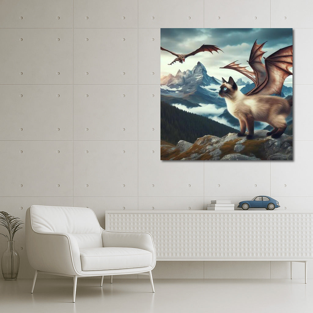 Transformation Magic: Siamese Cat-Dragon Over the Mountain Peaks