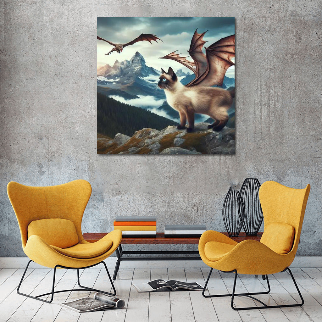 Transformation Magic: Siamese Cat-Dragon Over the Mountain Peaks