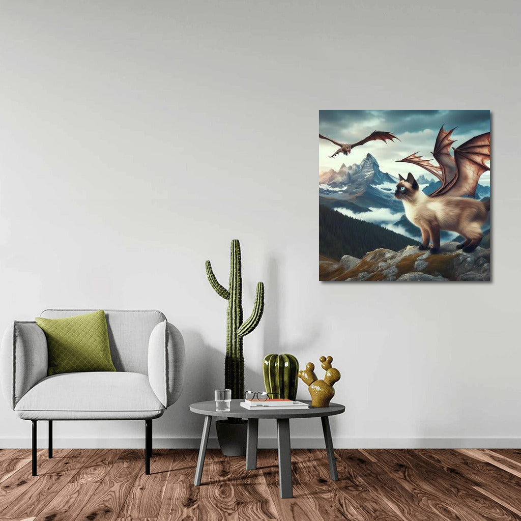 Transformation Magic: Siamese Cat-Dragon Over the Mountain Peaks