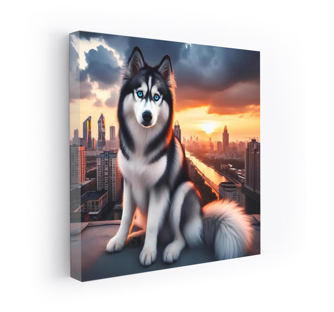 Sunset Husky on City Roof: Stylish Landscape