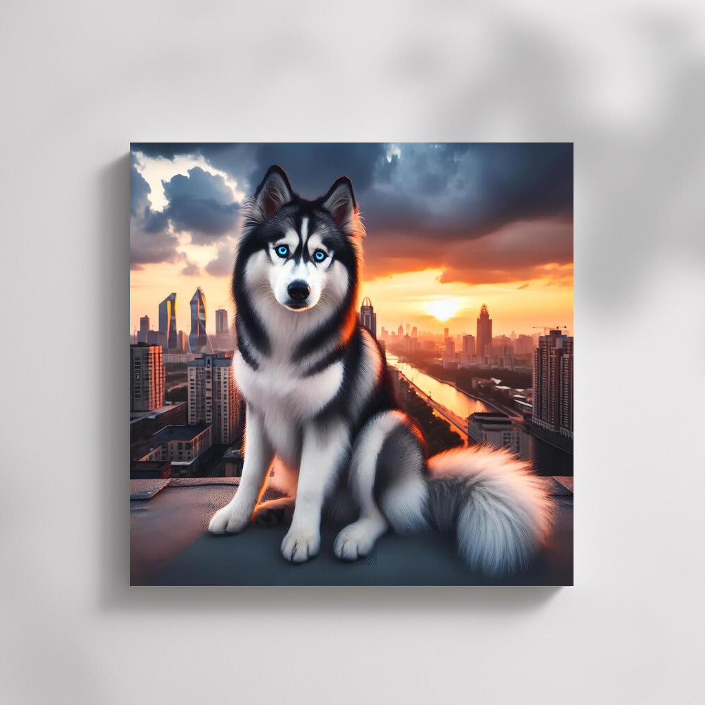 Sunset Husky on City Roof: Stylish Landscape