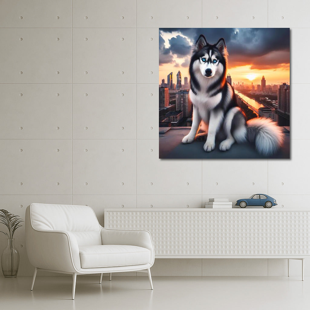 Sunset Husky on City Roof: Stylish Landscape