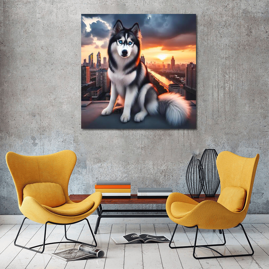 Sunset Husky on City Roof: Stylish Landscape