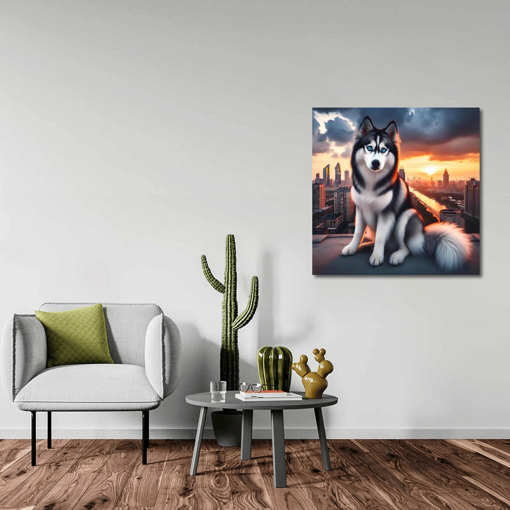 Sunset Husky on City Roof: Stylish Landscape
