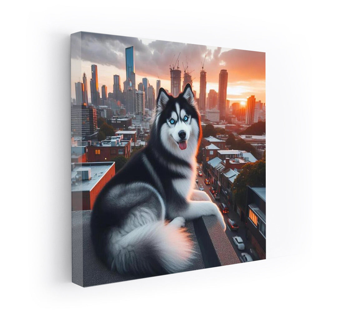 Siberian Husky on the City Roof: Grace and Panorama