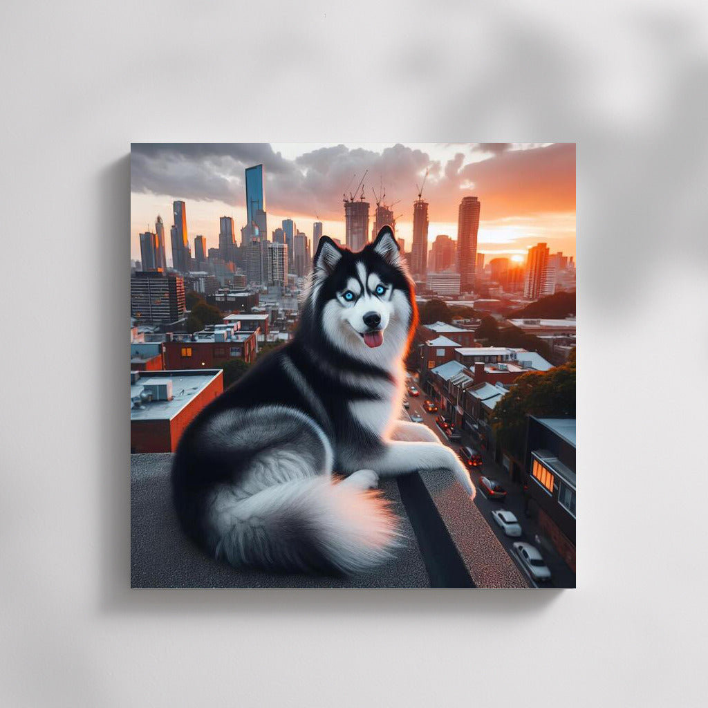 Siberian Husky on the City Roof: Grace and Panorama