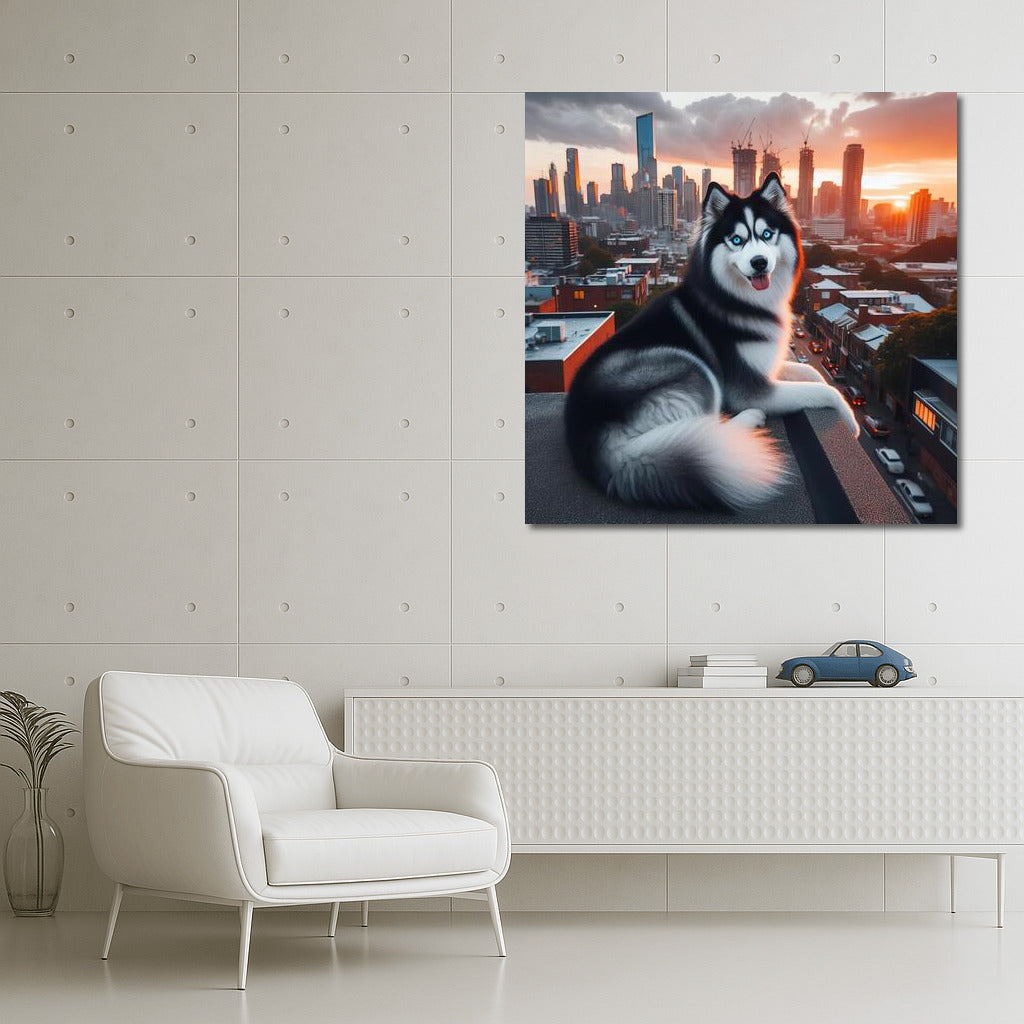Siberian Husky on the City Roof: Grace and Panorama
