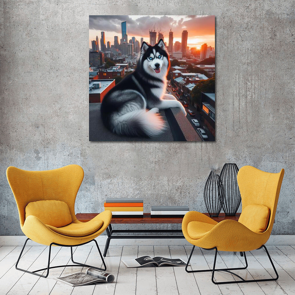Siberian Husky on the City Roof: Grace and Panorama