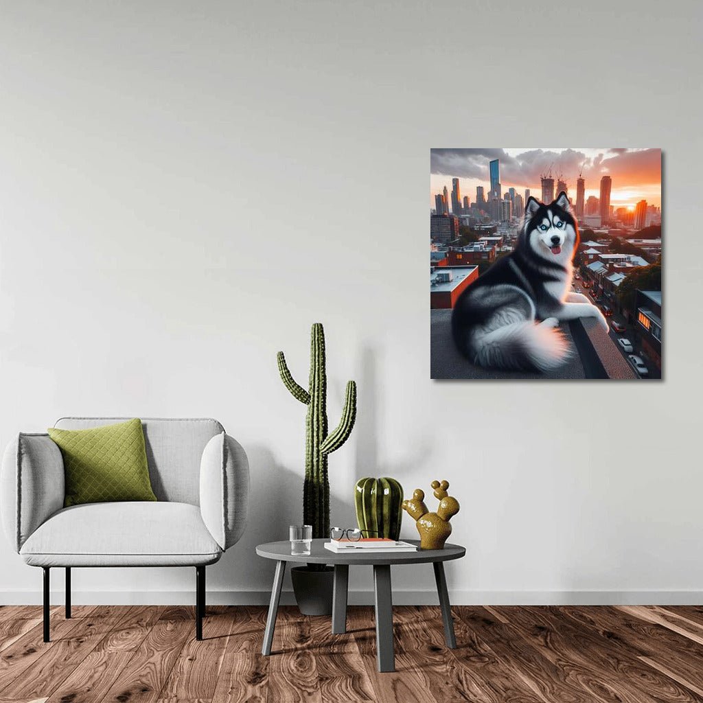 Siberian Husky on the City Roof: Grace and Panorama