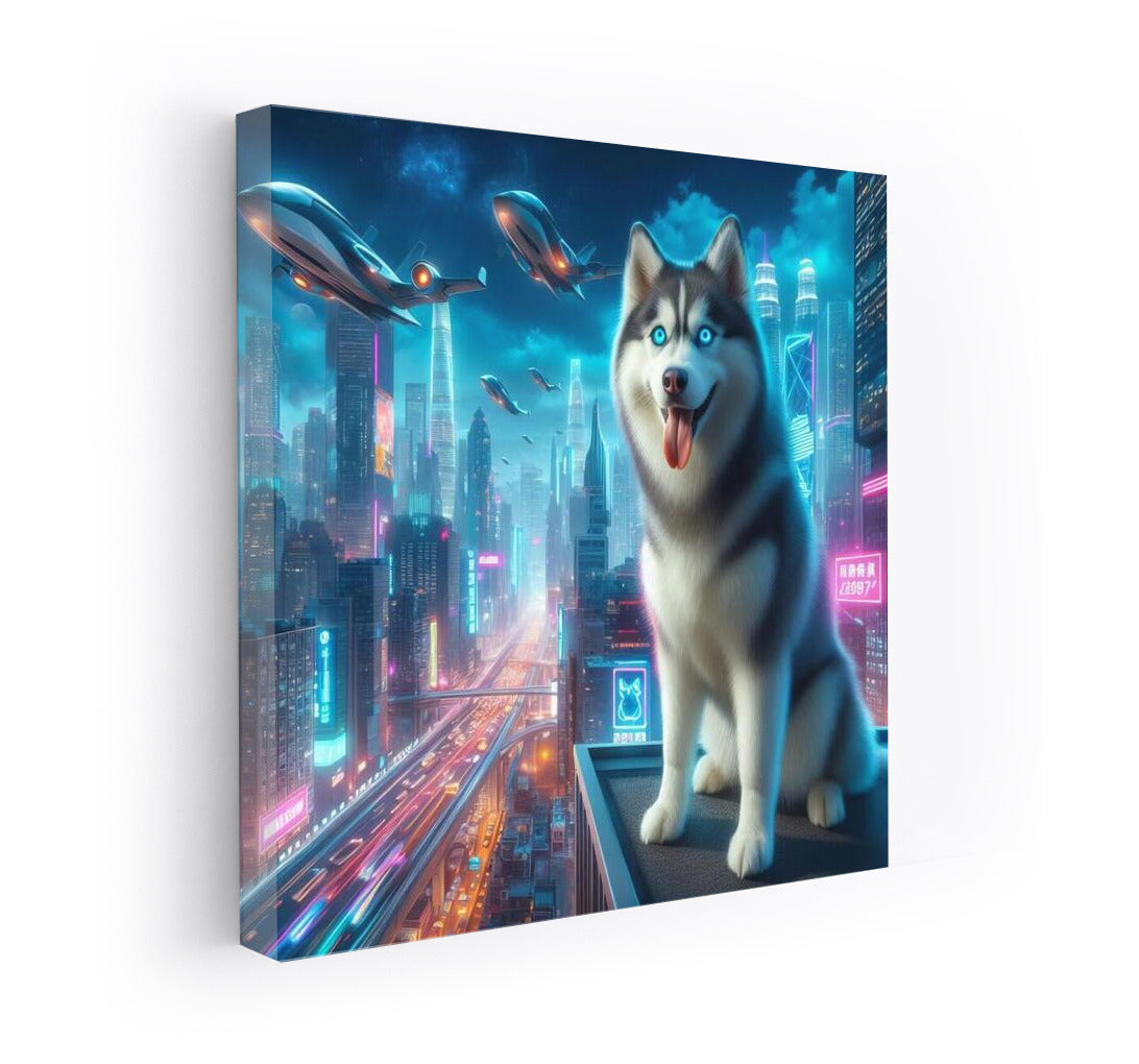 Siberian Husky in Neon City: Futuristic Landscape for Lovers of Modernity