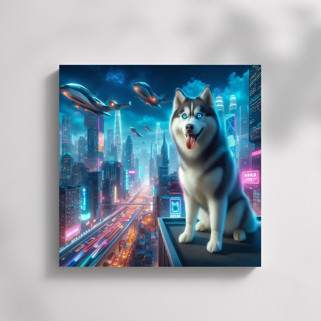 Siberian Husky in Neon City: Futuristic Landscape for Lovers of Modernity