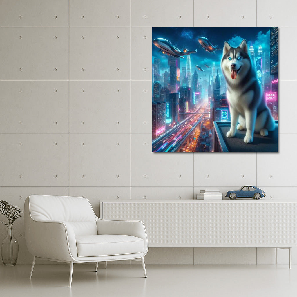 Siberian Husky in Neon City: Futuristic Landscape for Lovers of Modernity