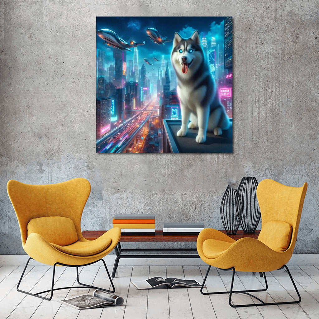 Siberian Husky in Neon City: Futuristic Landscape for Lovers of Modernity