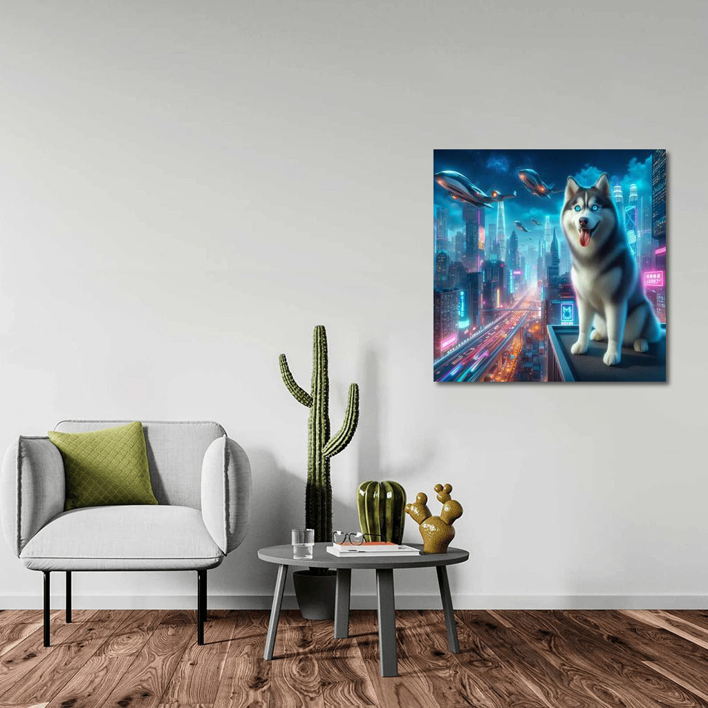 Siberian Husky in Neon City: Futuristic Landscape for Lovers of Modernity