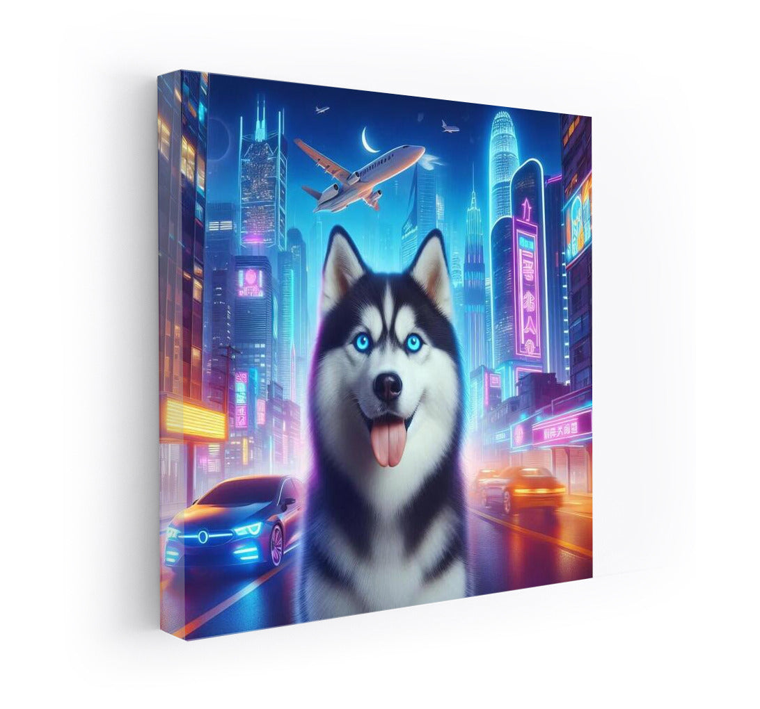 Siberian Husky in Neon City: Futuristic Landscape