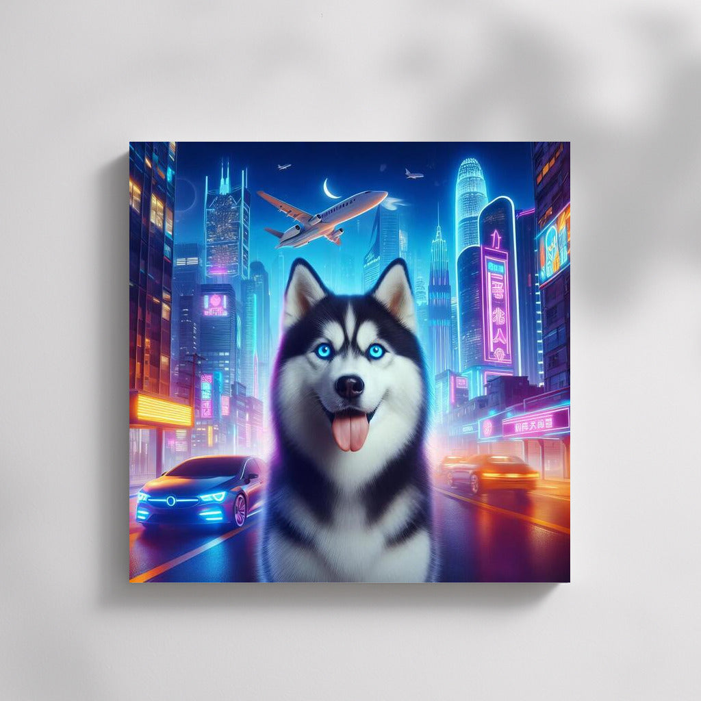 Siberian Husky in Neon City: Futuristic Landscape