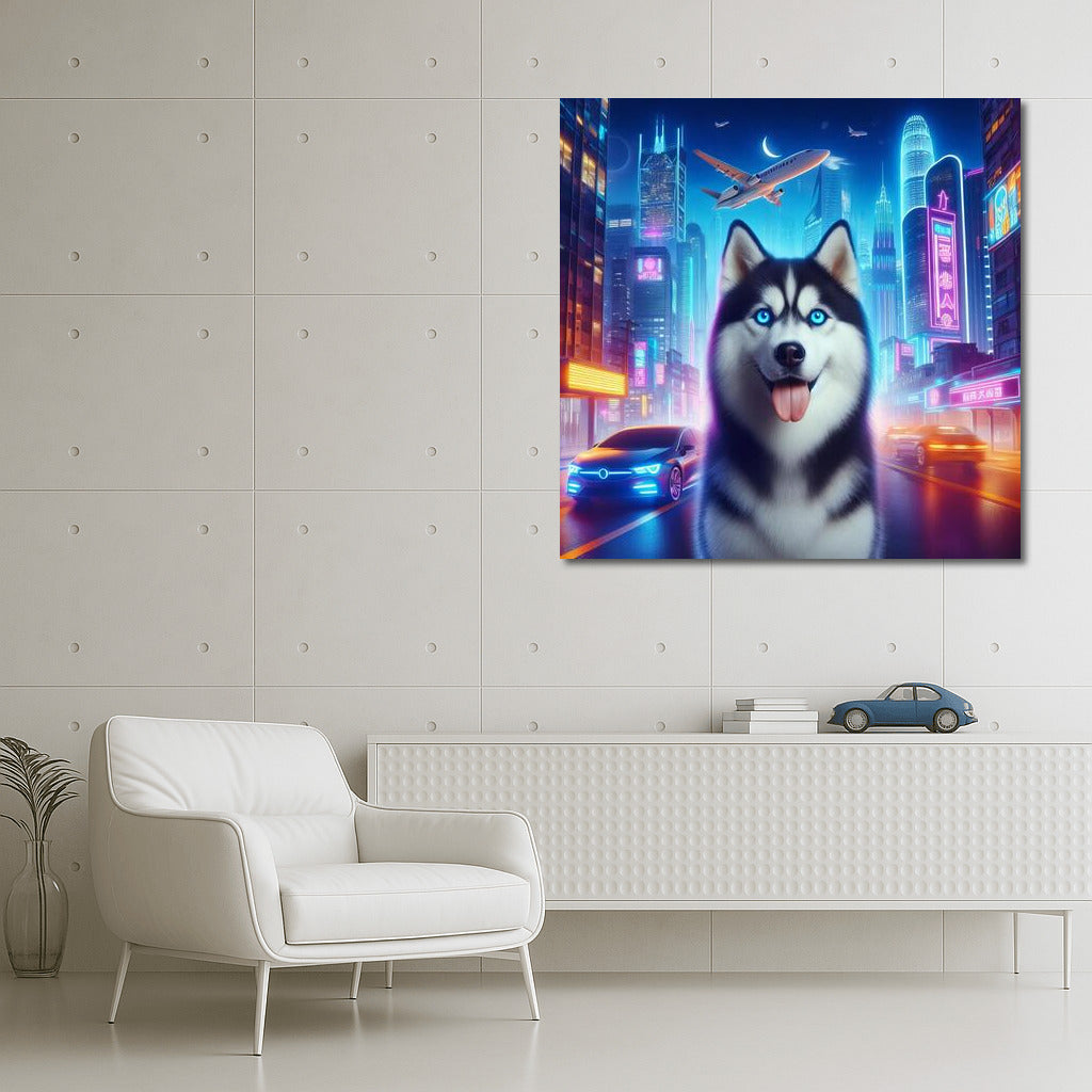 Siberian Husky in Neon City: Futuristic Landscape