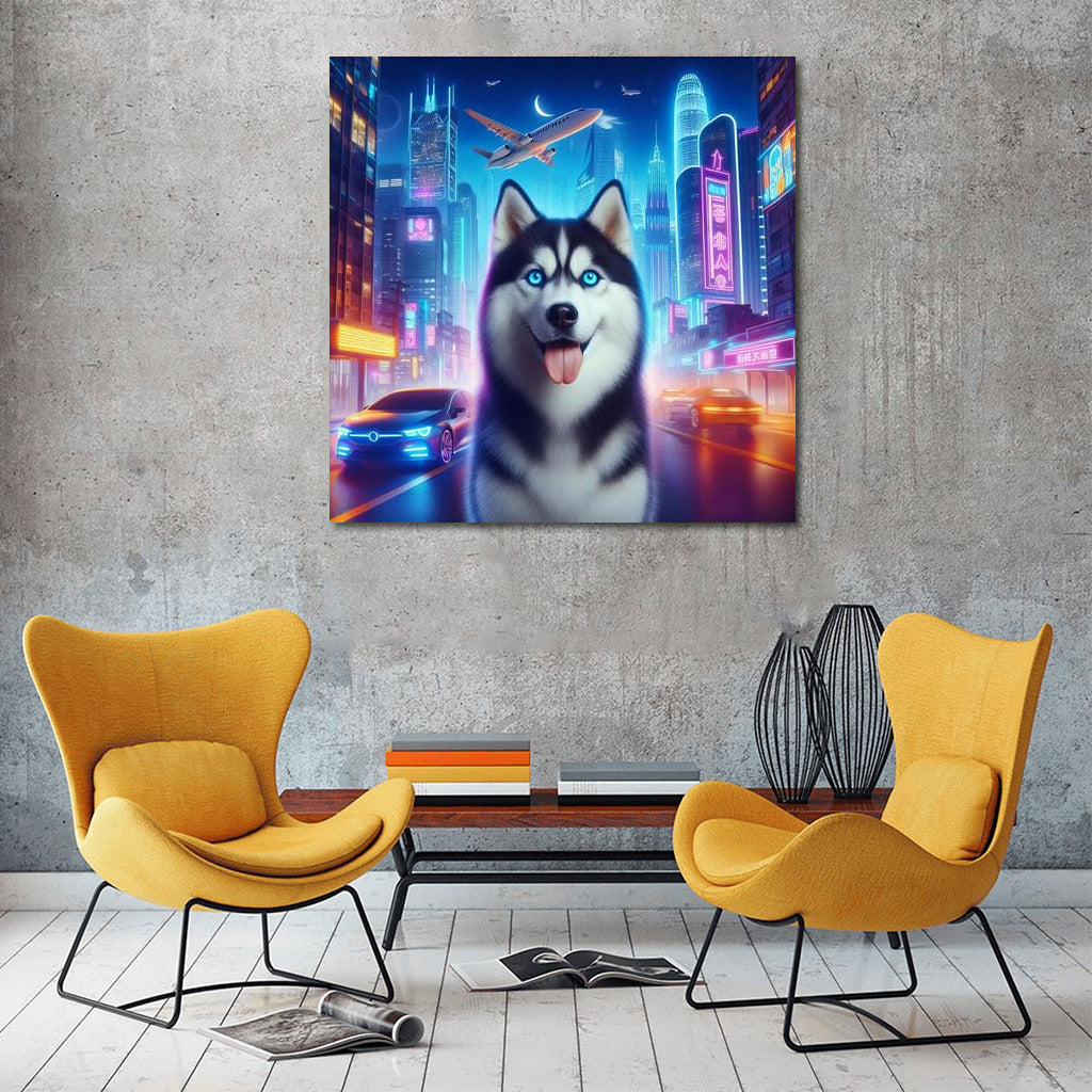 Siberian Husky in Neon City: Futuristic Landscape