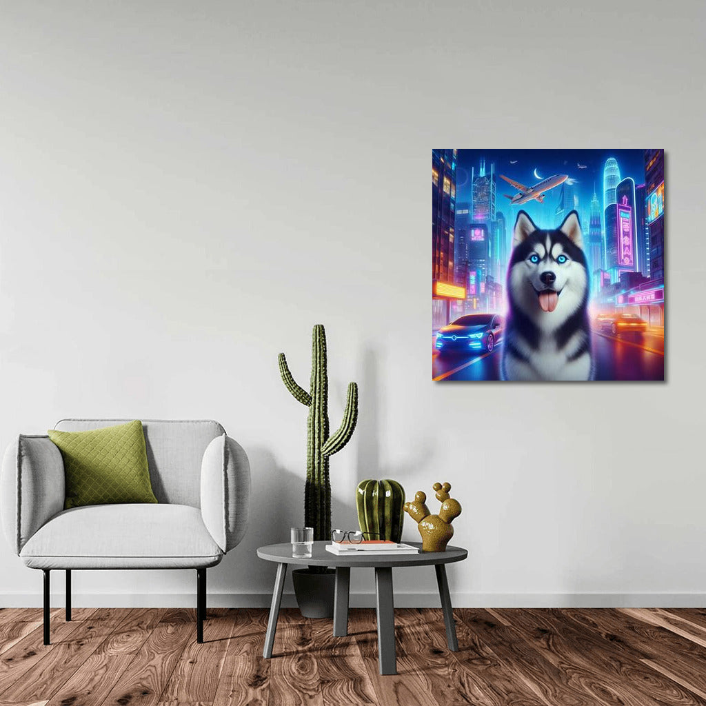 Siberian Husky in Neon City: Futuristic Landscape