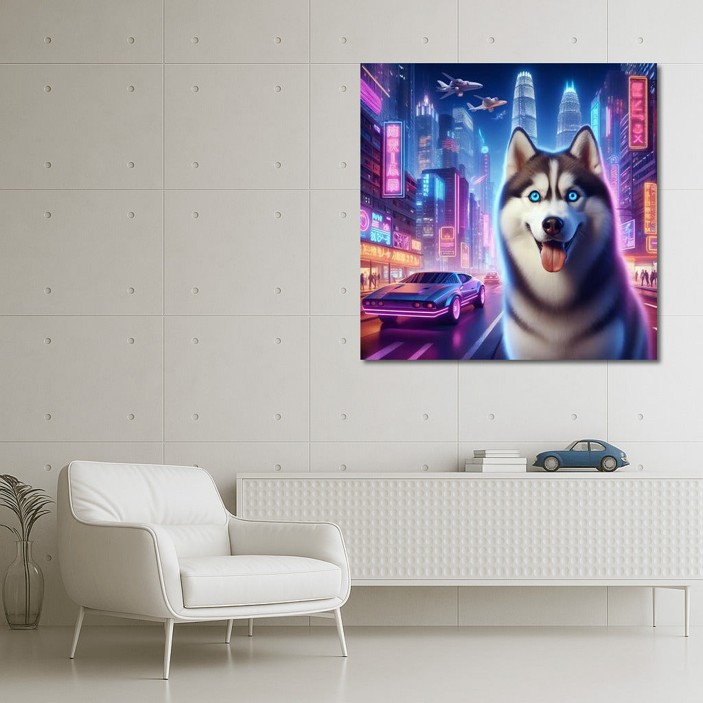 Neon Husky: Siberian Wolf in the City of Lights