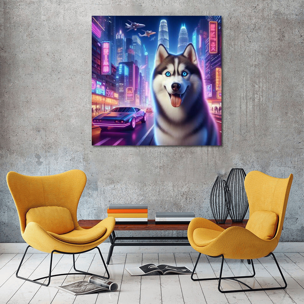 Neon Husky: Siberian Wolf in the City of Lights
