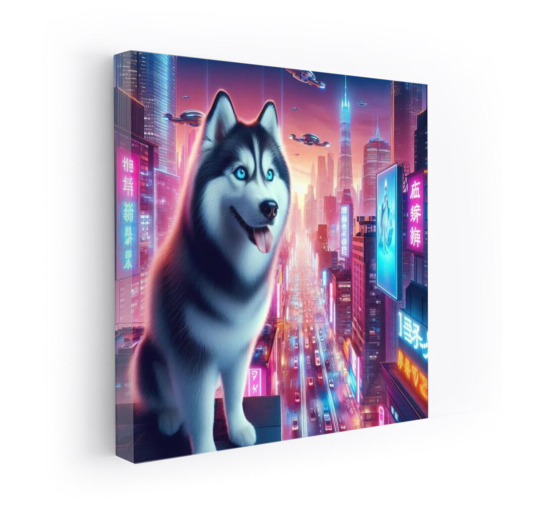 Shining Husky in Neon City: Futuristic Landscape