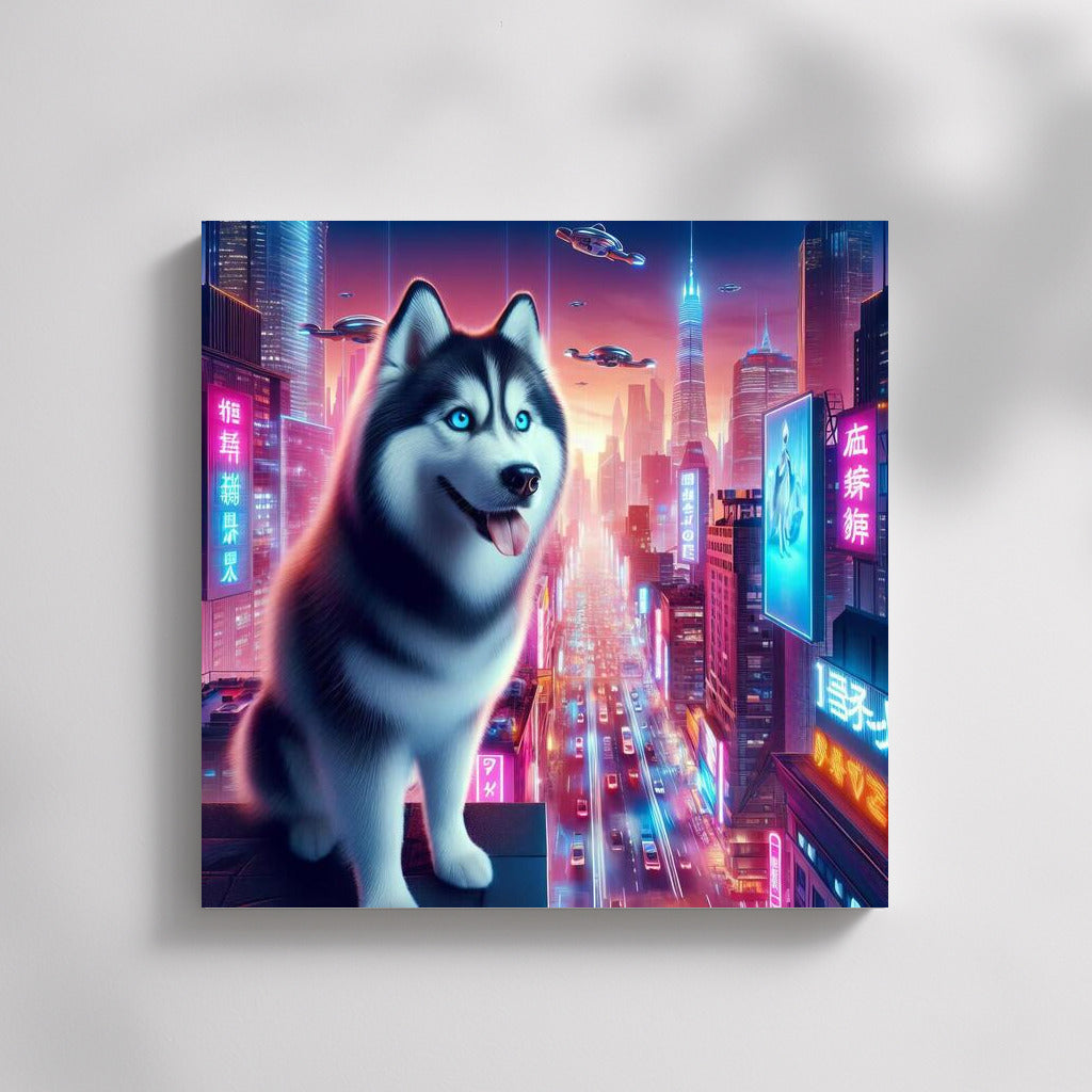 Shining Husky in Neon City: Futuristic Landscape