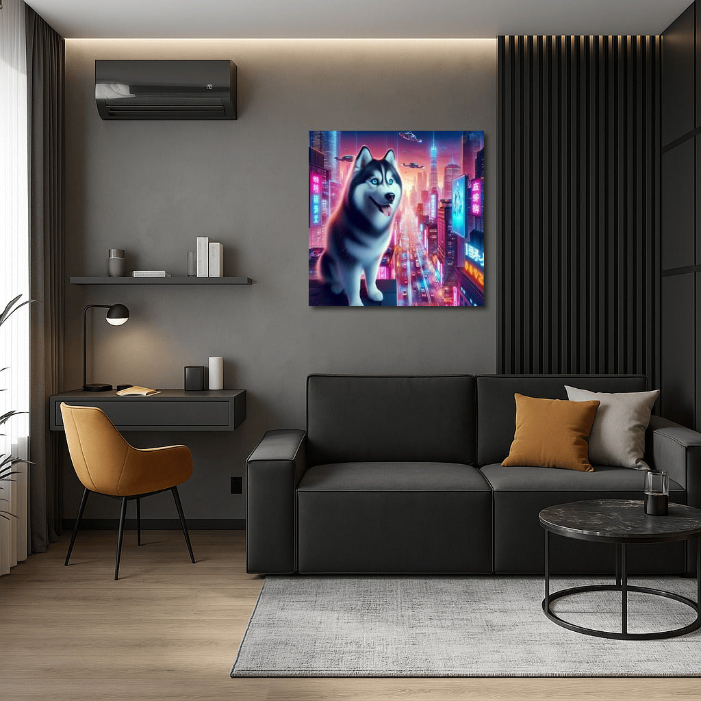 Shining Husky in Neon City: Futuristic Landscape