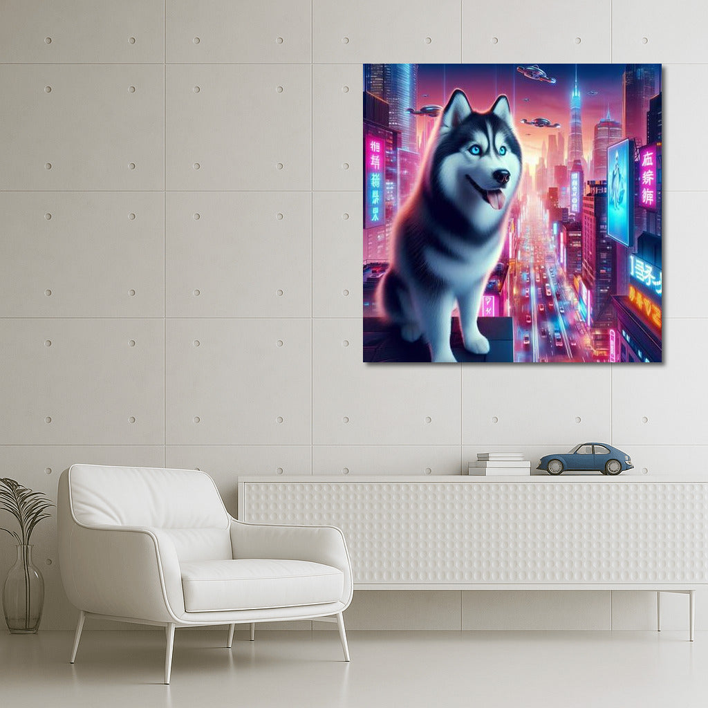 Shining Husky in Neon City: Futuristic Landscape