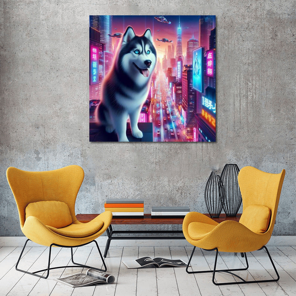 Shining Husky in Neon City: Futuristic Landscape