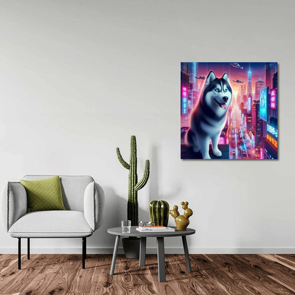 Shining Husky in Neon City: Futuristic Landscape