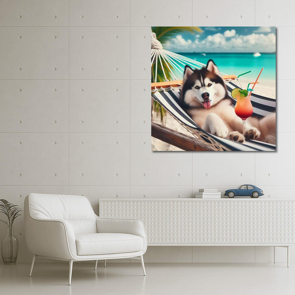 Siberian Husky in a Hammock: Summer Beach Fun with a Cocktail