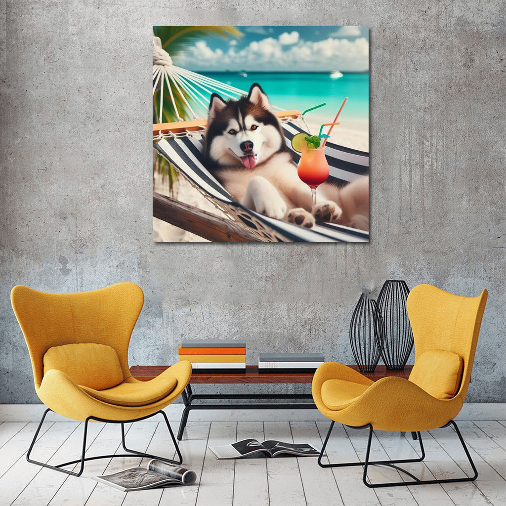 Siberian Husky in a Hammock: Summer Beach Fun with a Cocktail