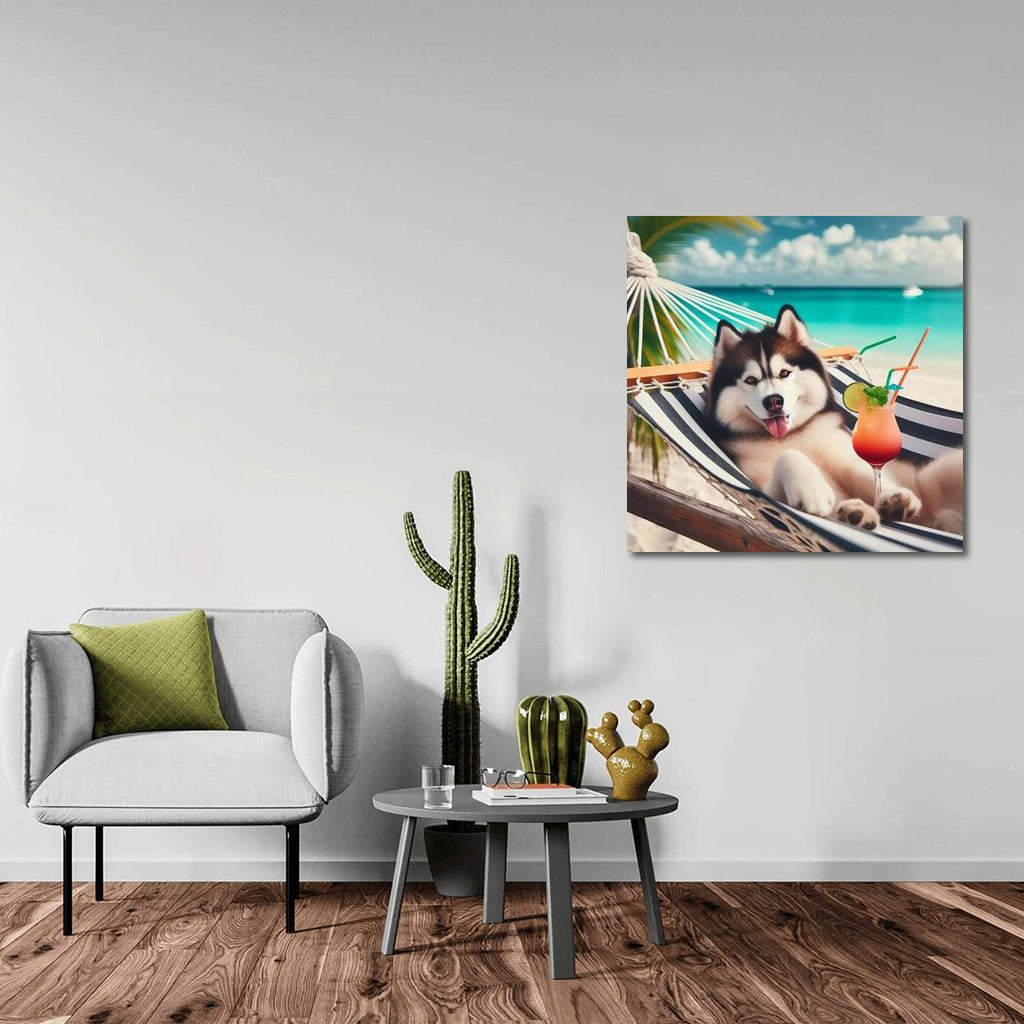 Siberian Husky in a Hammock: Summer Beach Fun with a Cocktail