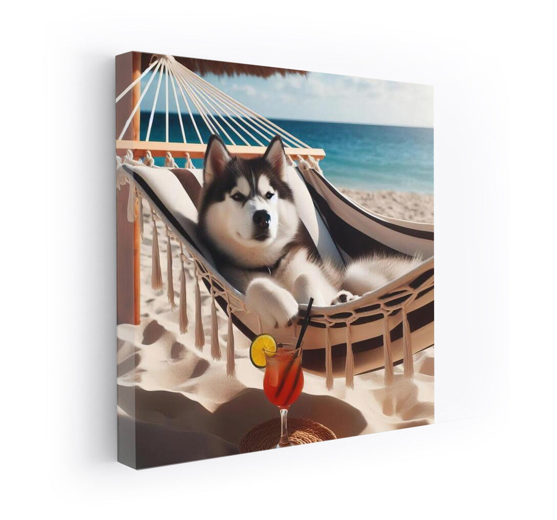 Siberian Husky in Paradise: Relaxing in a Hammock with a Cocktail on the Beach